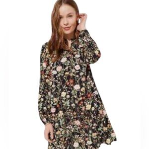LOFT Black Floral botanical  Long Sleeve Dress ruffle neck spilt neck size small
